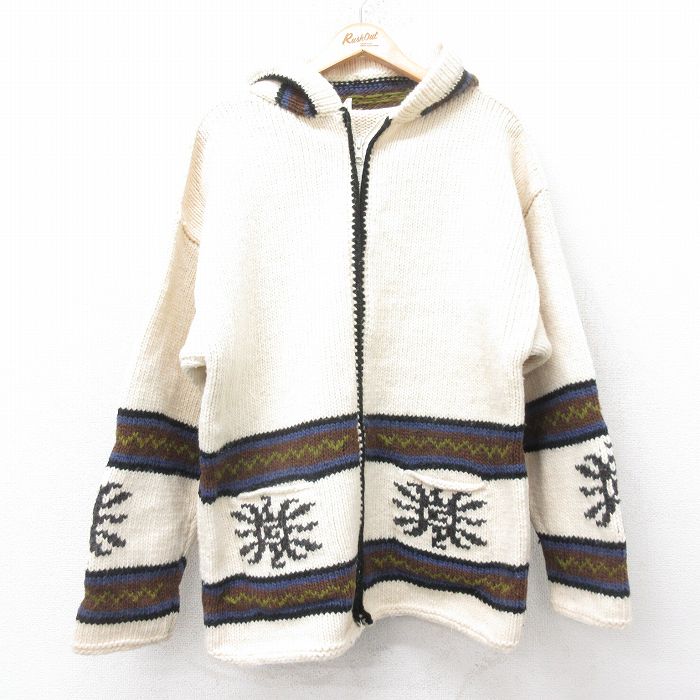L★古着 長袖 フルジップ ニット カーディガン パーカー メンズ 手編み ハンドニット ウール 生成り他 25dec18