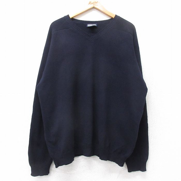 XL★古着 ランズエンド 長袖 セーター メンズ 00年代 00s ウール Vネック スコットランド製 紺 25dec18