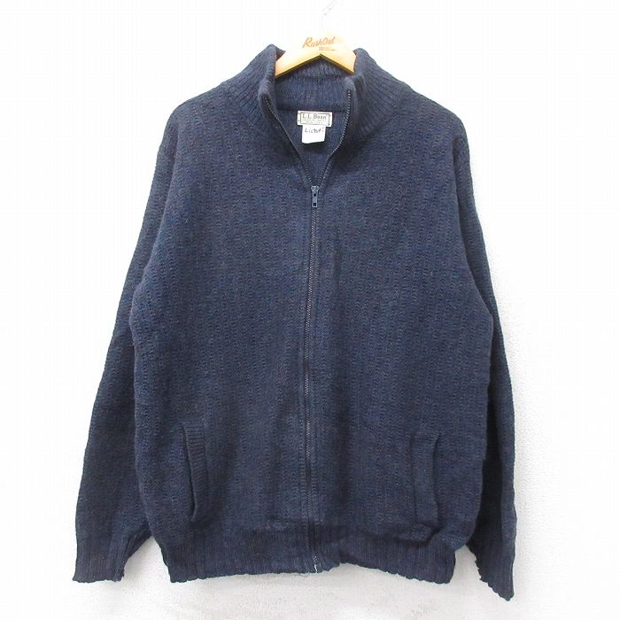 L★古着 エルエルビーン 長袖 フルジップ ドライバーズ ニット カーディガン メンズ 80年代 80s ウール USA製 紺他 25dec18