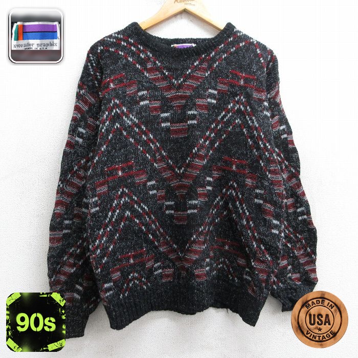 【50%OFF】90s 長袖セーター 総柄 ブラック M | 古着