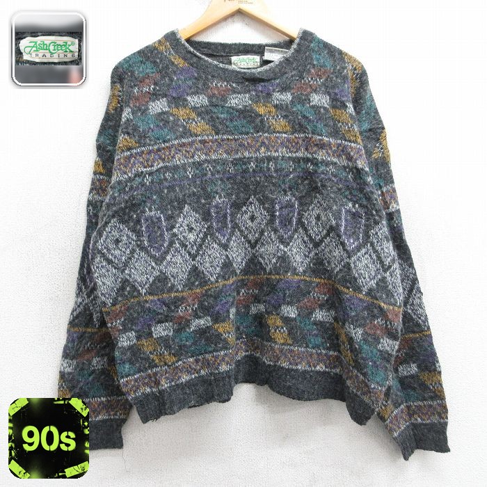 90s 長袖セーター 総柄 グレー L | 古着