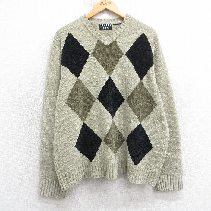 XL★古着 長袖 セーター メンズ 00年代 00s Vネック ベージュ系他 25dec20
