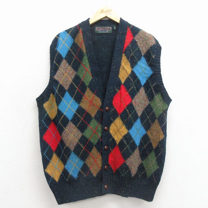 XL★古着 ニット ベスト メンズ 90年代 90s アーガイル ウール アイルランド製 紺【spe】 25dec18