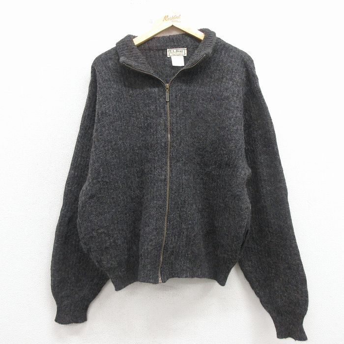 XL★古着 エルエルビーン 長袖 フルジップ ニット カーディガン メンズ 90年代 90s 無地 USA製 グレー 25dec19