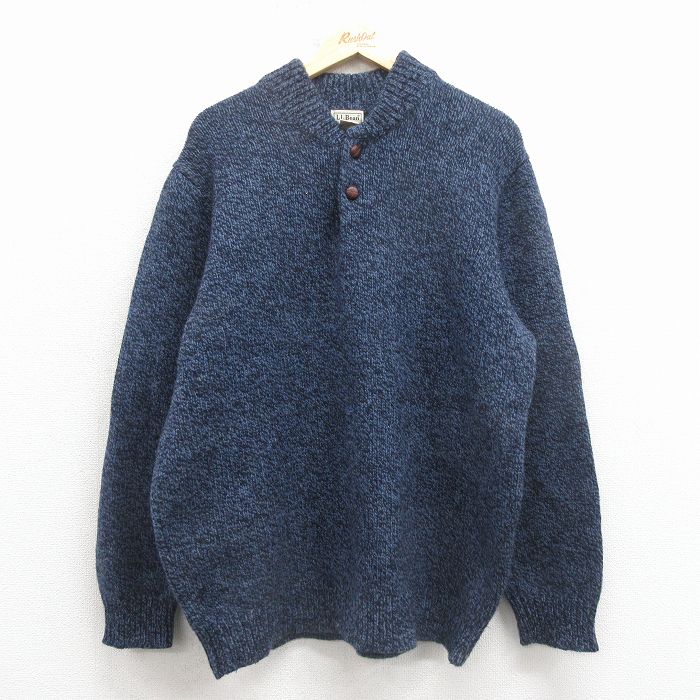XL★古着 エルエルビーン 長袖 セーター メンズ 00年代 00s 無地 ラムウール ヘンリーネック 紺 霜降り 25dec19