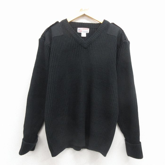 M★古着 長袖 コンバット セーター メンズ アクリル Vネック 黒 25dec29