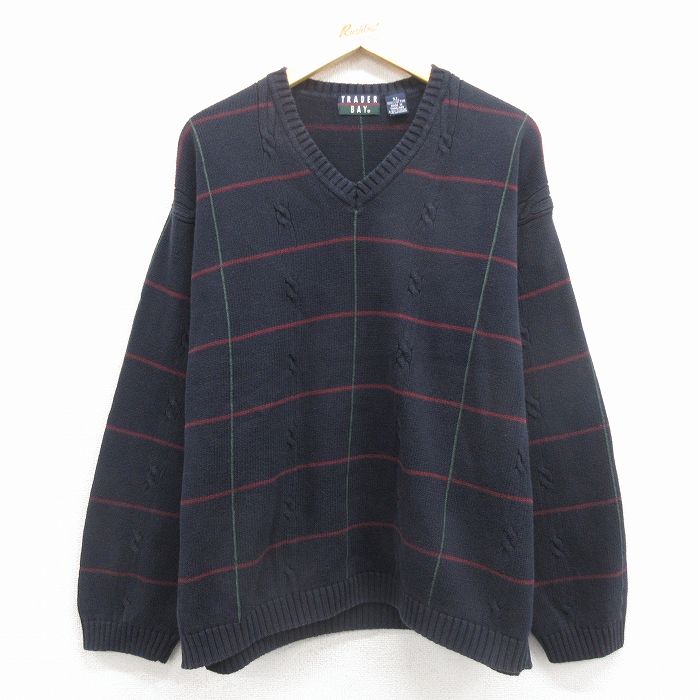 XL★古着 長袖 ケーブル セーター メンズ 00年代 00s コットン Vネック 紺 25dec29