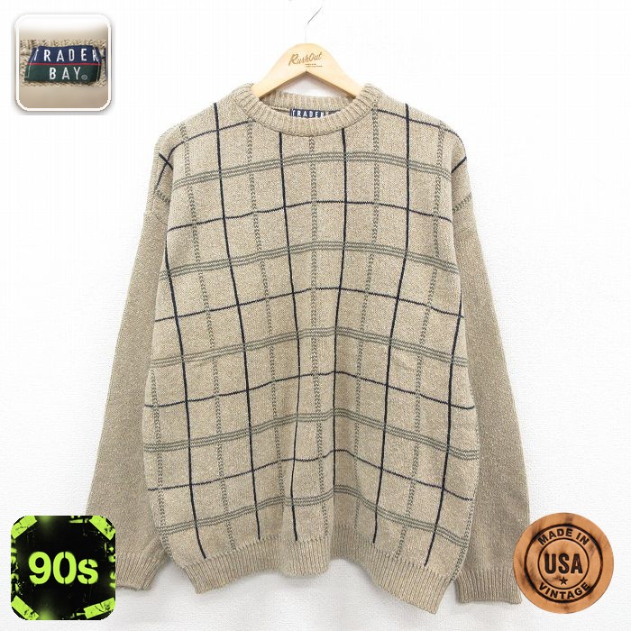 【50%OFF】90s 長袖セーター チェック ベージュ XL | 古着