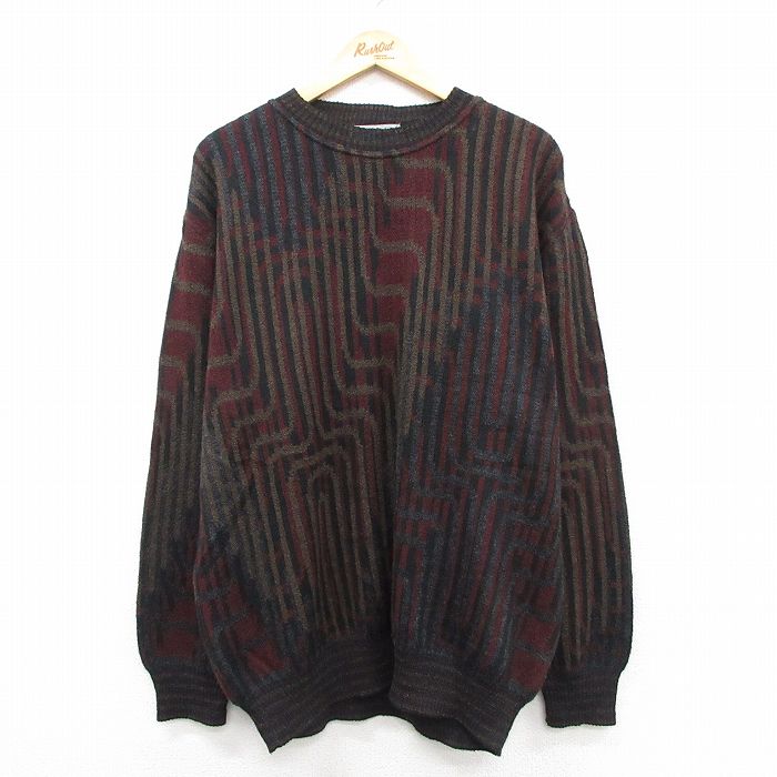 XL★古着 長袖 セーター メンズ 90年代 90s 総柄 ウール クルーネック イタリア製 黒他【spe】 25dec22