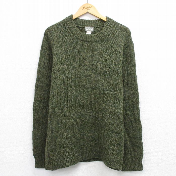 XL★古着 エルエルビーン 長袖 セーター メンズ 00年代 00s 無地 ラムウール クルーネック 濃緑 25dec22