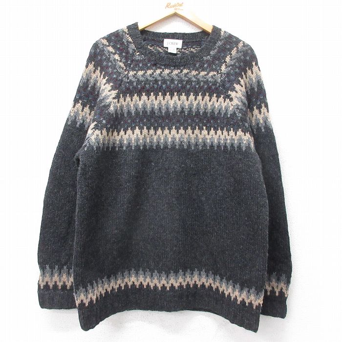L★古着 ジェイクルー 長袖 セーター メンズ 00年代 00s 手編み ハンドニット ラグラン ウール クルーネック 濃グレー他【spe】 25dec23