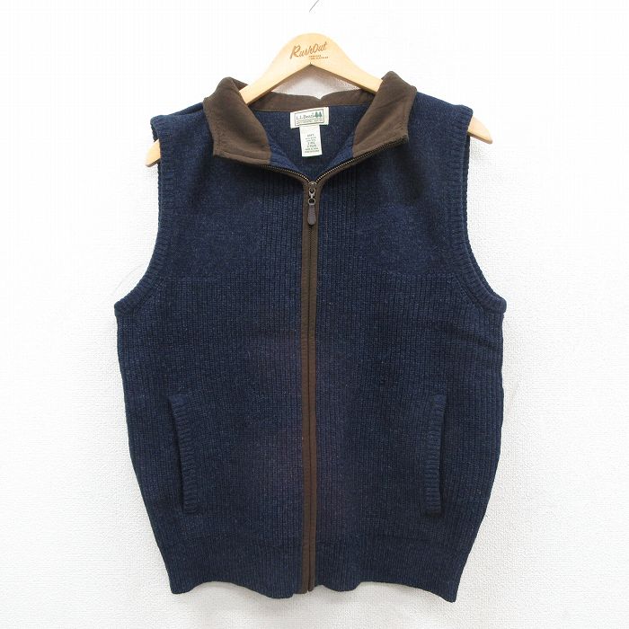 M★古着 エルエルビーン フルジップ ニット ベスト メンズ 00年代 00s 無地 ラムウール 紺他 25dec24