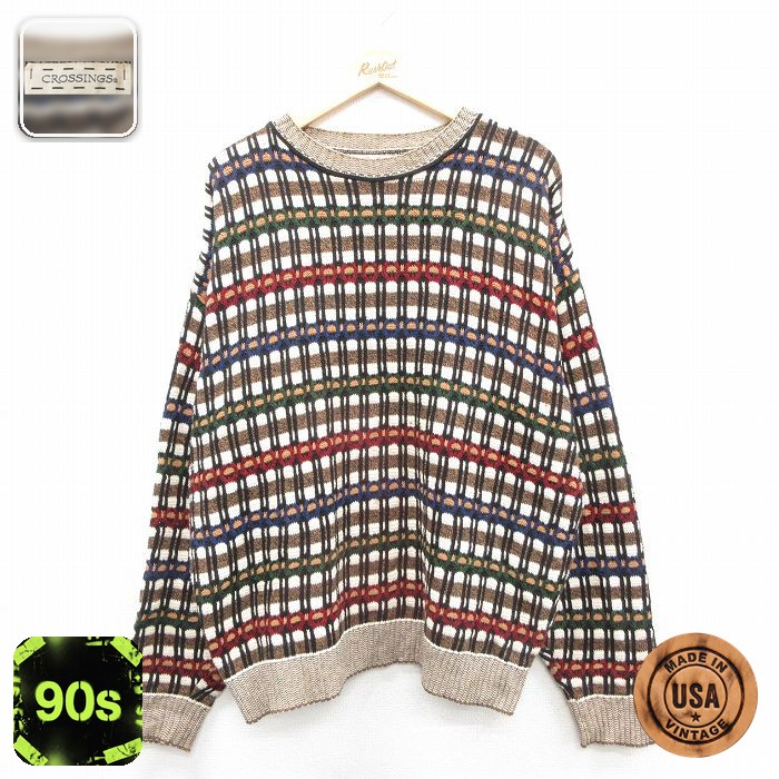 【50%OFF】90s 長袖セーター 総柄 ブラウン XL | 古着