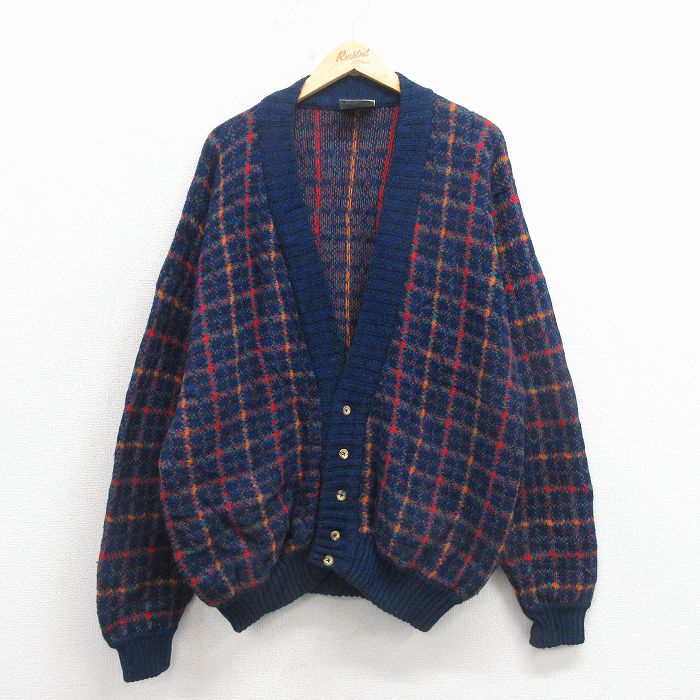 XL★古着 長袖 ニット カーディガン メンズ 00年代 00s ウール スコットランド製 青 25dec24
