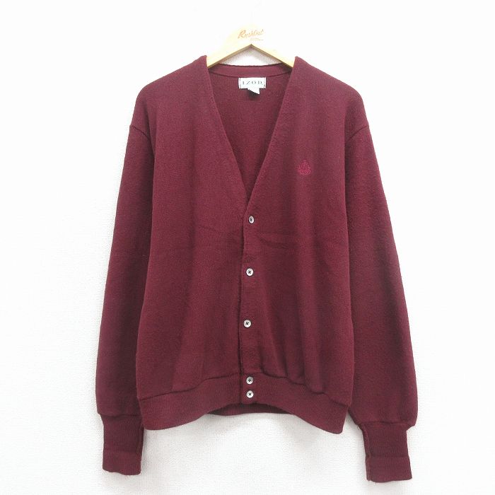 L★古着 IZOD 長袖 ニット カーディガン メンズ 90年代 90s ワンポイントロゴ アクリル USA製 エンジ 25dec24