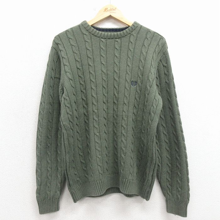 M★古着 チャップス 長袖 ケーブル セーター メンズ 90年代 90s ワンポイントロゴ コットン クルーネック 緑 25dec25