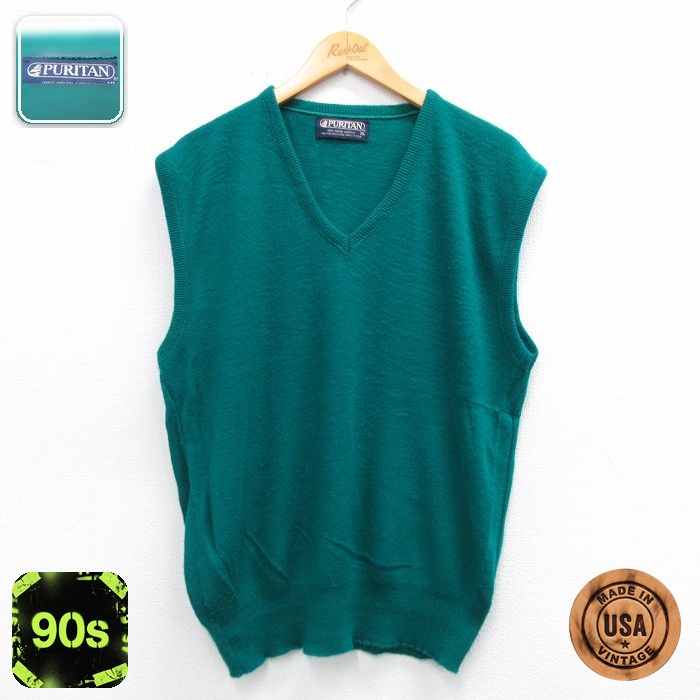 【50%OFF】ピューリタン 90s ニットベスト 無地 グリーン M | 古着