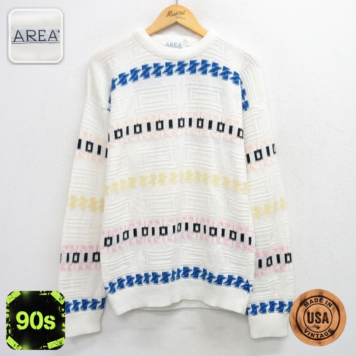 【50%OFF】90s 長袖セーター 総柄 ホワイト M | 古着