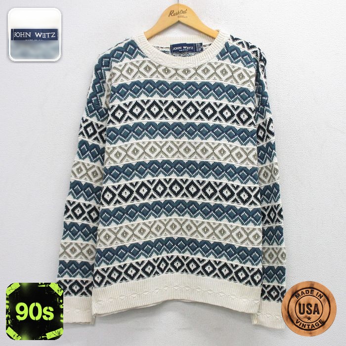 【50%OFF】90s 長袖セーター 総柄 ホワイト XL | 古着