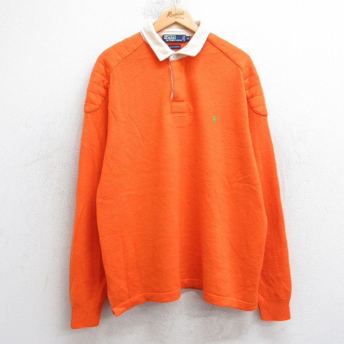 XL★古着 ラルフローレン 長袖 ブランド ラガー セーター メンズ 90年代 90s ワンポイントロゴ ヒジ当て カシミヤ カシミア オレンジ【spe】 25dec26