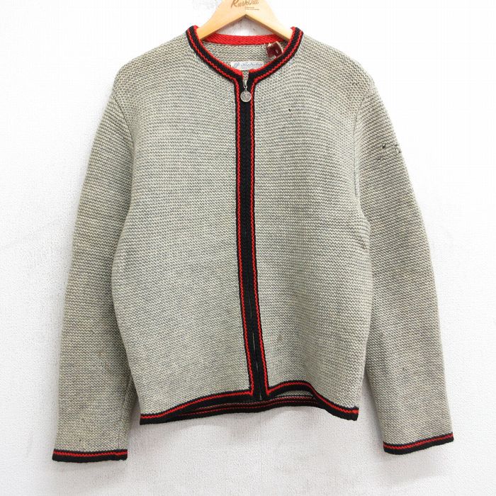 S★古着 長袖 フルジップ ニット カーディガン メンズ 80年代 80s ウール ドイツ製 グレー系 25dec26