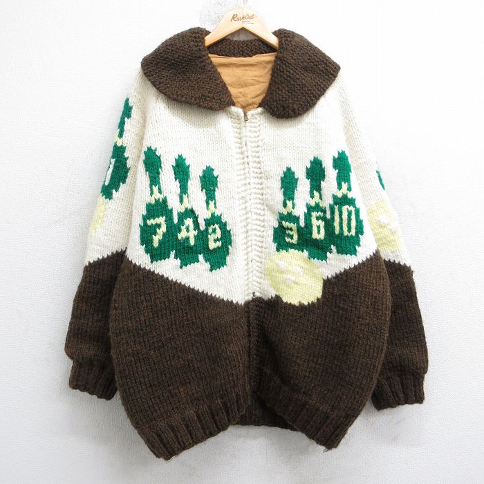 XL★古着 長袖 ビンテージ フルジップ ニット カーディガン カウチン セーター メンズ 60年代 60s ボウリング ラグラン ジョールカラー 茶他【spe】 25dec26