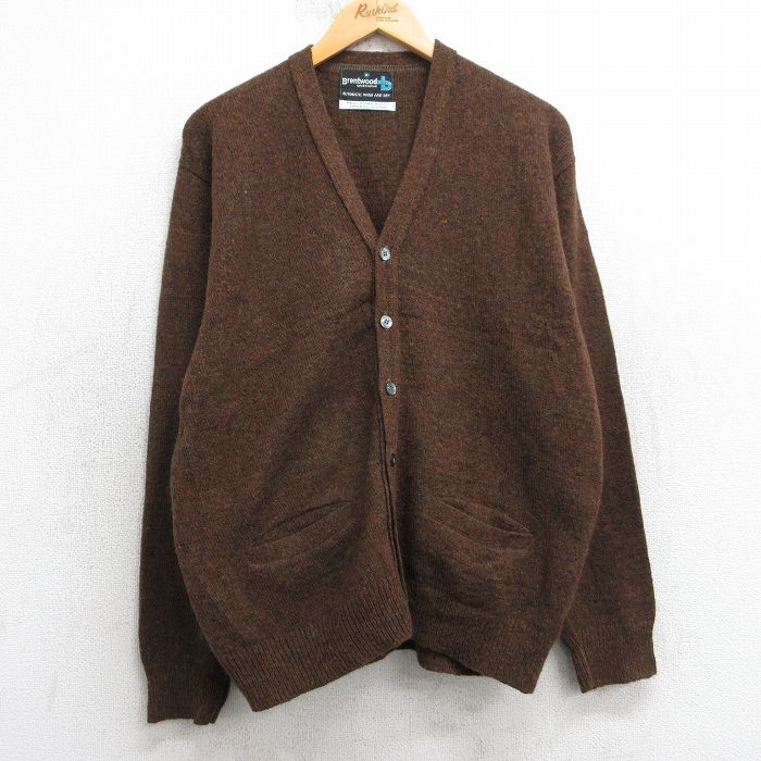 M★古着 長袖 ニット カーディガン メンズ 90年代 90s 無地 ラムウール 茶 25dec26