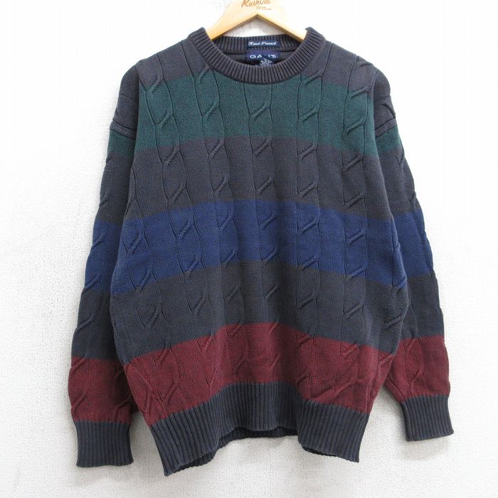 M★古着 GANT 長袖 ケーブル セーター メンズ 90年代 90s 手織り コットン クルーネック 紺系他【spe】 25dec26