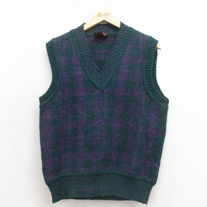 M★古着 ラルフローレン チャップス ブランド ニット ベスト メンズ 80年代 80s シェットランドウール Vネック 緑 チェック 25dec26