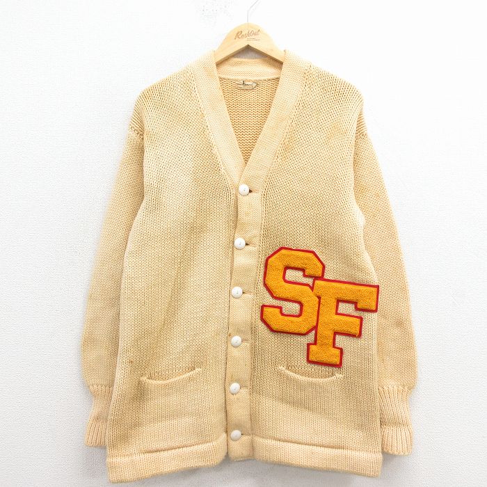 50s レタードニットカーディガン SF 生成り ベージュ M | 古着