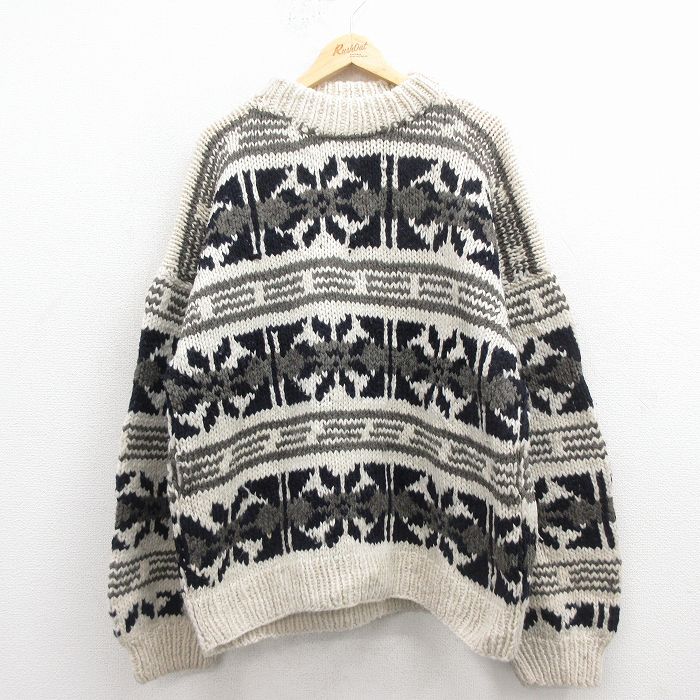 XL★古着 長袖 ノルディック セーター メンズ 雪柄 うｒ－ウ クルーネック エクアドル製 生成り【spe】 25dec26