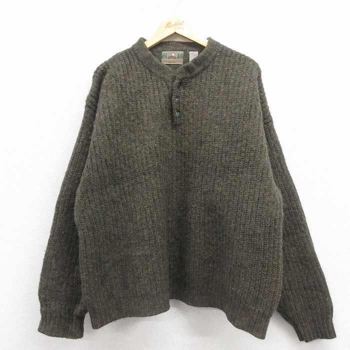 XL★古着 EMS 長袖 セーター メンズ 90年代 90s 大きいサイズ ウール ヘンリーネック 緑 25dec26