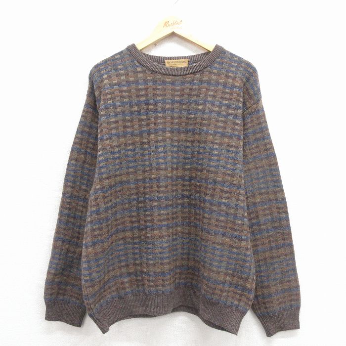 XL★古着 長袖 セーター メンズ メリノウール クルーネック 濃ベージュ他 チェック 25dec27