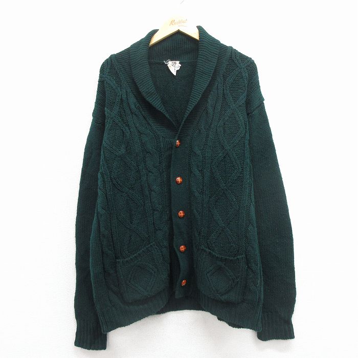 XL★古着 ケニントン 長袖 ケーブル ニット カーディガン メンズ 70年代 70s ショールカラー アクリル 緑 25dec27