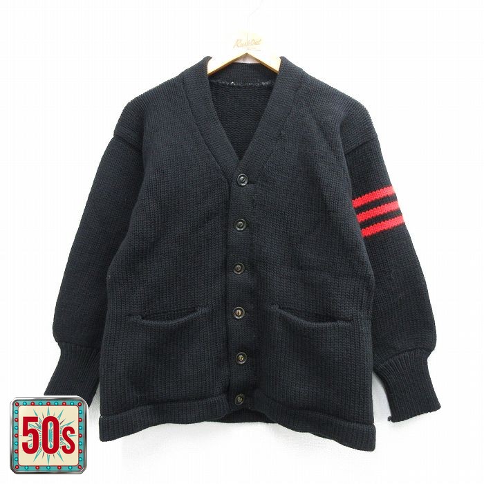 50s ニットカーディガン レタード ブラック S | 古着