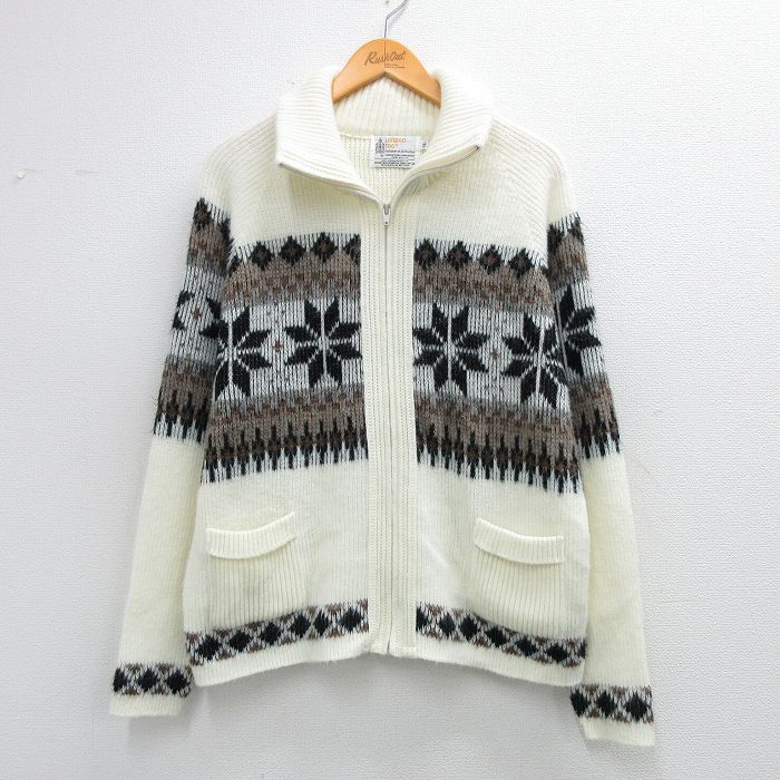L★古着 ロンドンフォグ 長袖 フルジップ ニット カーディガン メンズ 90年代 90s 雪柄 ラグラン アクリル USA製 白他 25dec27