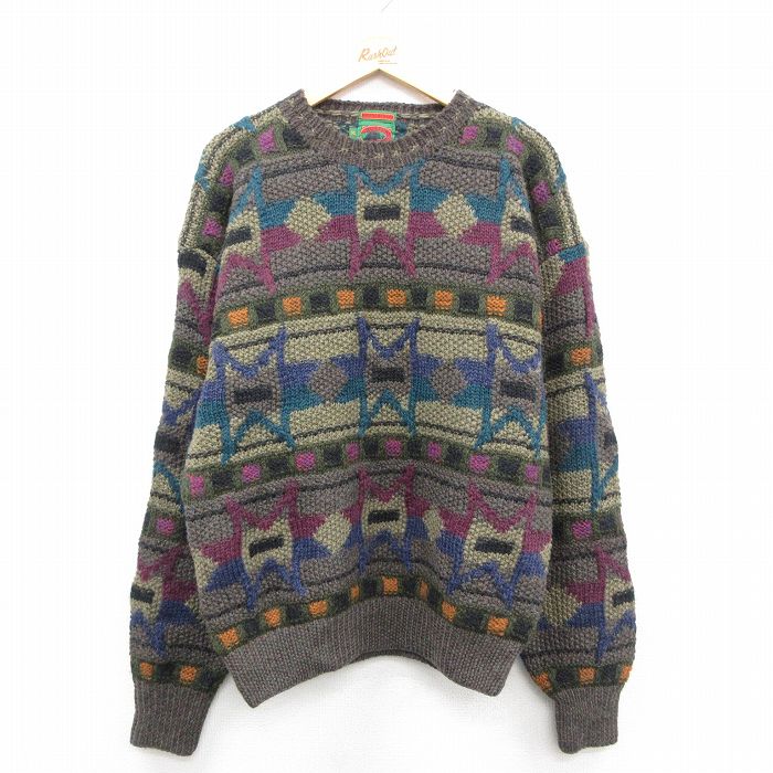XL★古着 ボンストントレーダーズ 長袖 セーター メンズ 90年代 90s ネイティブ柄 ラグ柄 手編み ハンドニット ウール クルーネック 濃緑他【spe】 25dec27