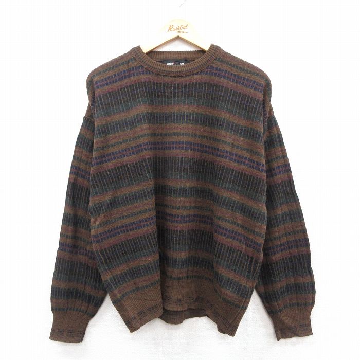 L★古着 長袖 セーター メンズ 90年代 90s ウール クルーネック イタリア製 茶他 ボーダー 25dec29
