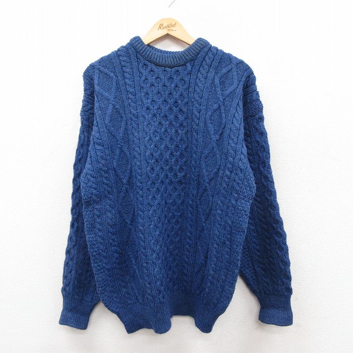 L★古着 長袖 アラン フィッシャーマン ケーブル セーター メンズ ウール クルーネック 紺 25dec29