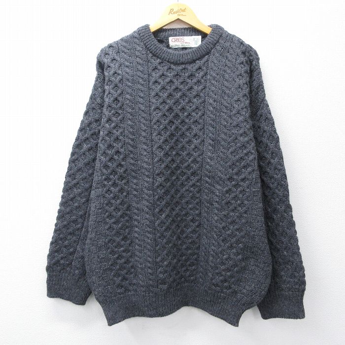 XL★古着 長袖 アラン フィッシャーマン ケーブル セーター メンズ 90年代 90s ウール アイルランド製 濃グレー【spe】 26jan05