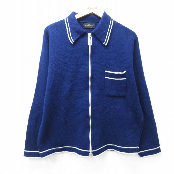 M★古着 ピューリタン 長袖 ビンテージ フルジップ ニット カーディガン メンズ 70年代 70s 襟付き アクリル 紺他 26jan05