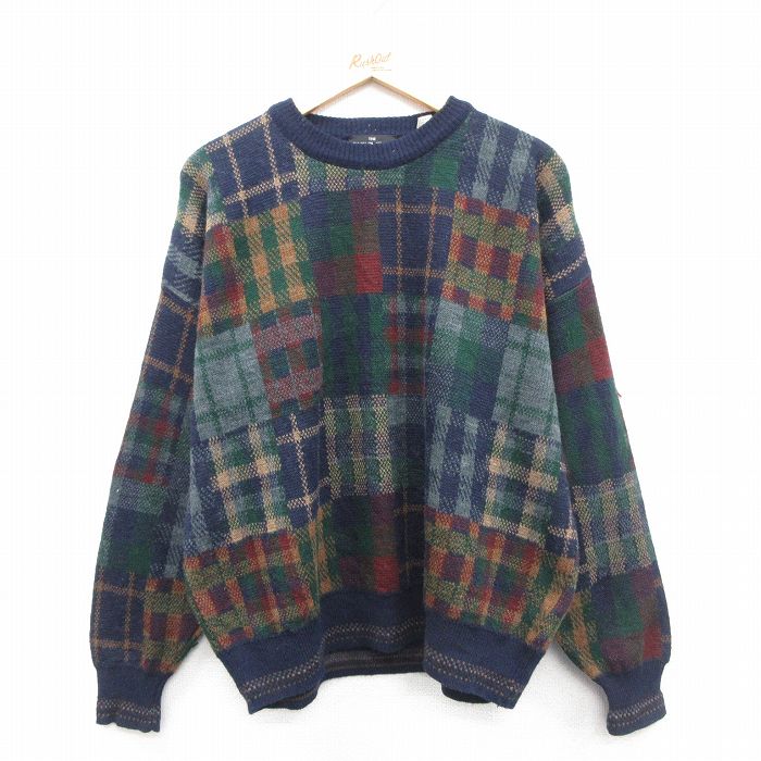 90s 長袖セーター チェック ネイビー XL | 古着