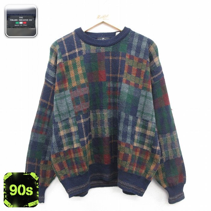 90s 長袖セーター チェック ネイビー XL | 古着