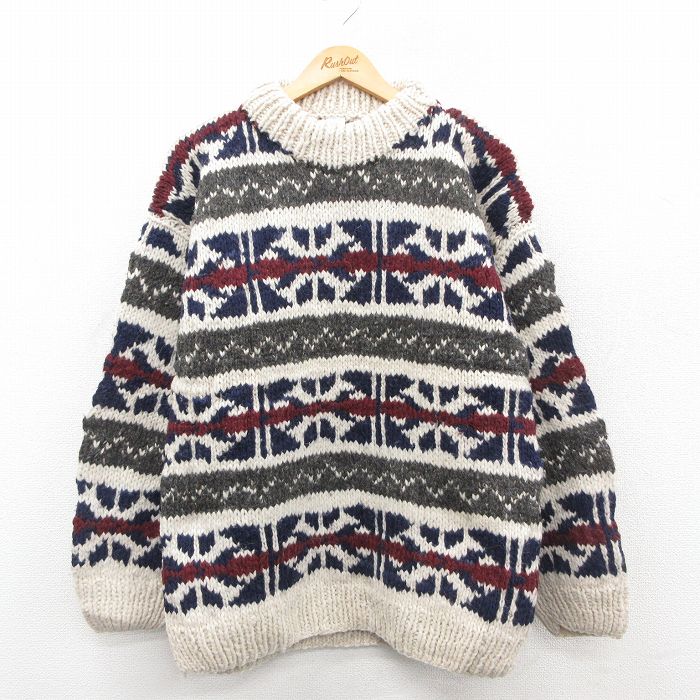 L★古着 長袖 セーター メンズ 手織り ウール クルーネック エクアドル製 白他【spe】 26jan10