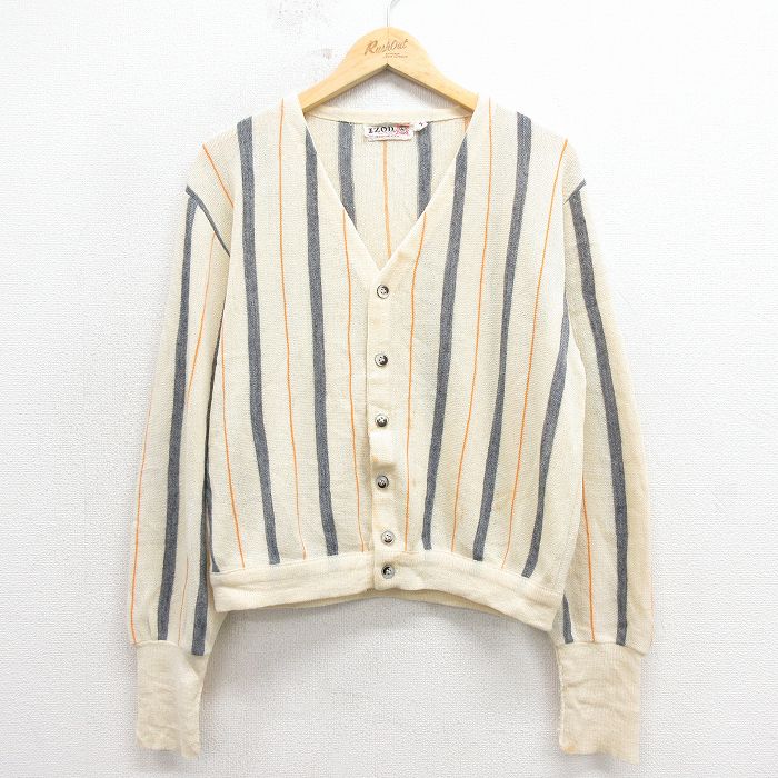 70s 長袖カーディガン ストライプ 生成り ベージュ M | 古着