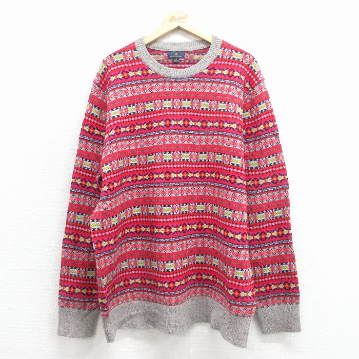 XL★古着 ブルックスブラザーズ 長袖 ブランド セーター メンズ フェアアイル クルーネック 赤他 ストライプ 26jan08