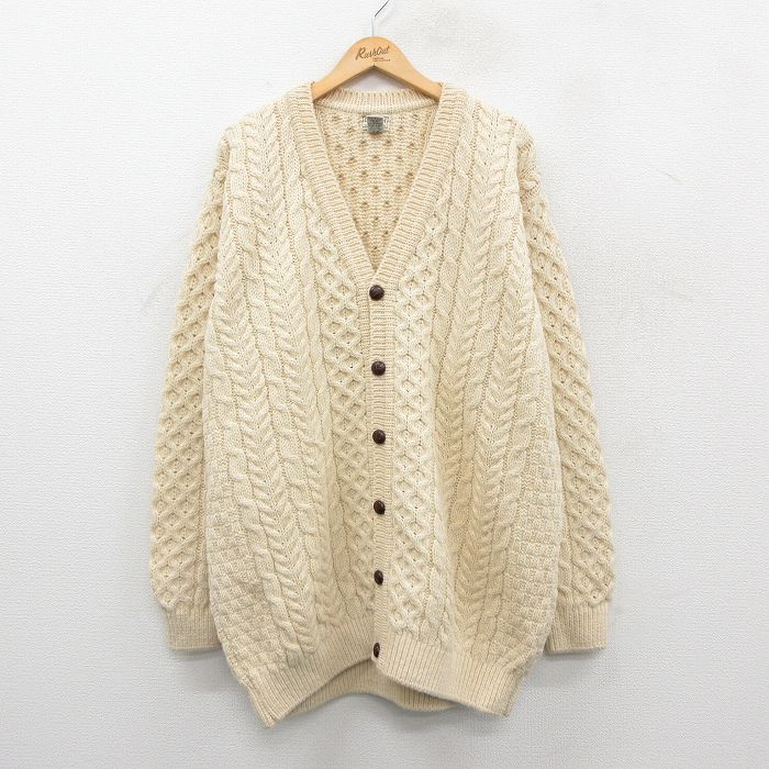 XL★古着 エルエルビーン 長袖 アラン フィッシャーマン ケーブル ニット カーディガン メンズ 00年代 00s 大きいサイズ ロング丈 ウール アイルランド製 生成り【spe】 26jan09