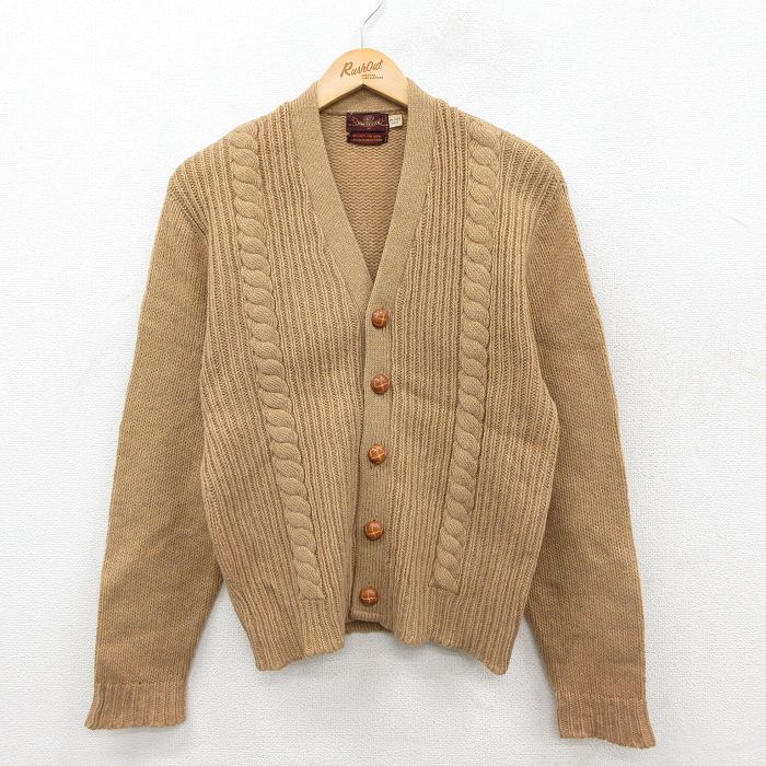 M★古着 バンヒューセン 長袖 ビンテージ ニット カーディガン メンズ 70年代 70s シェットランドウール ベージュ 26jan09