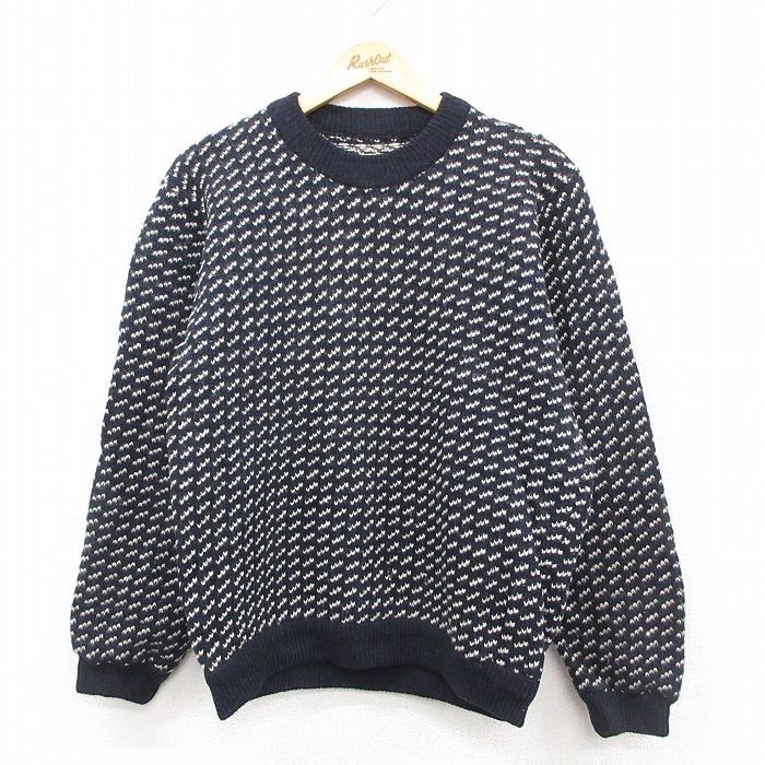 M★古着 エルエルビーン 長袖 セーター メンズ 80年代 80s バーズアイ ウール クルーネック ノルウェー製 濃紺他【spe】 26jan09