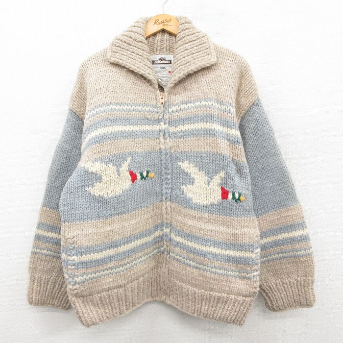 XL★古着 長袖 フルジップ カウチン ニット カーディガン メンズ 鳥 襟付き ウール カナダ製 グレー他 26jan09